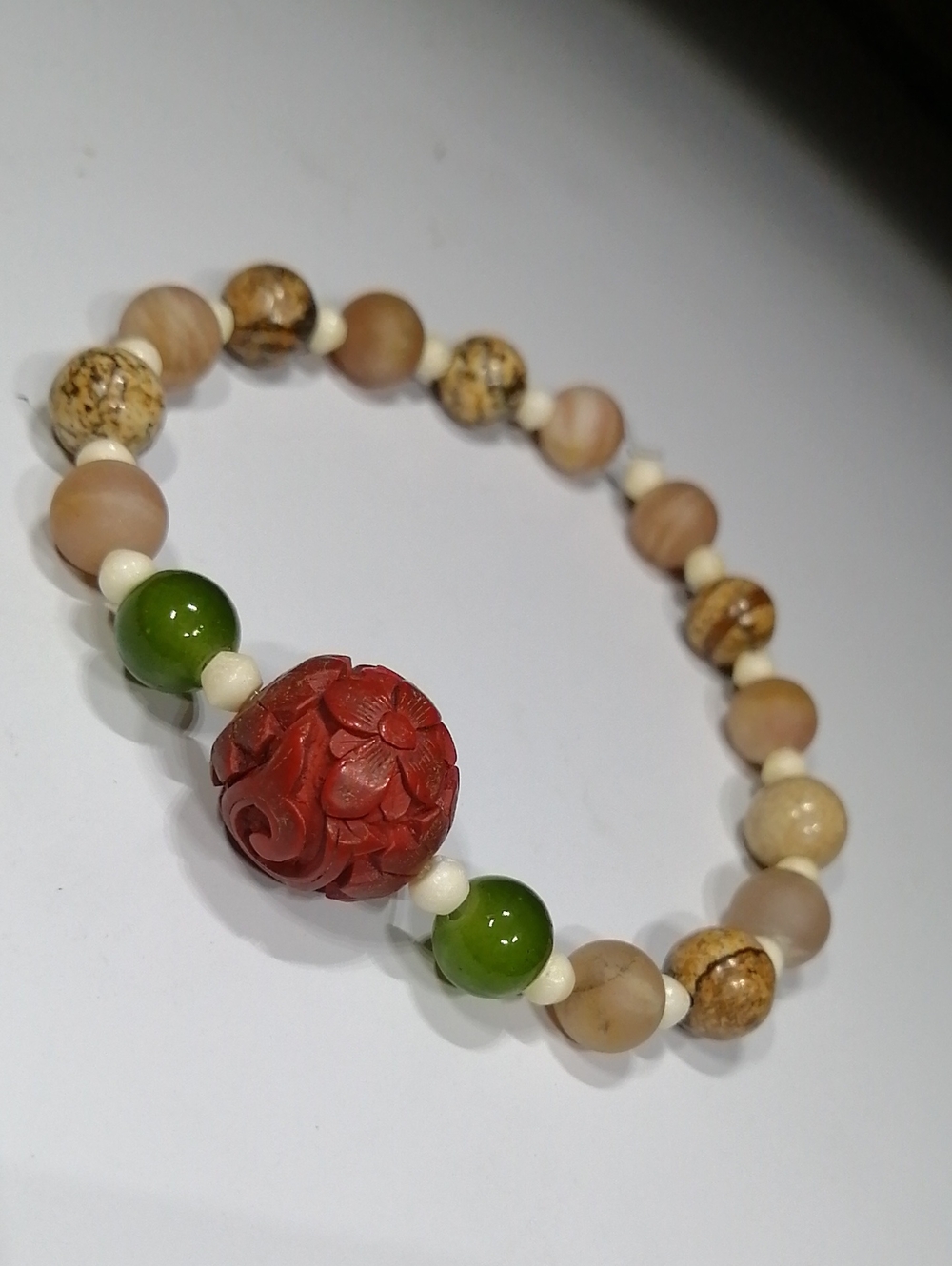Antique Red Floral Carved Cinnabar, Jade, Jasper Stretching Bracelet
